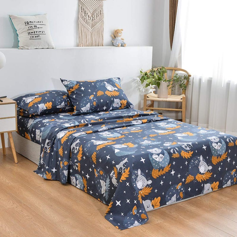 JSD Navy Blue Owl Kids Sheet Set Full Size, 4 Piece Forest Animals Printed Microfiber Bed Sheets Deep Pocket - Image 2